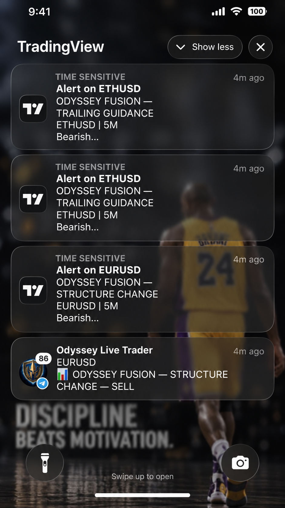 Odyssey Fusion TradingView mobile alerts showing ETHUSD and EURUSD market notifications